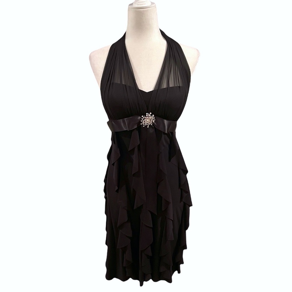 XSCAPE Black Ruffle Halter Black Cocktail Dress